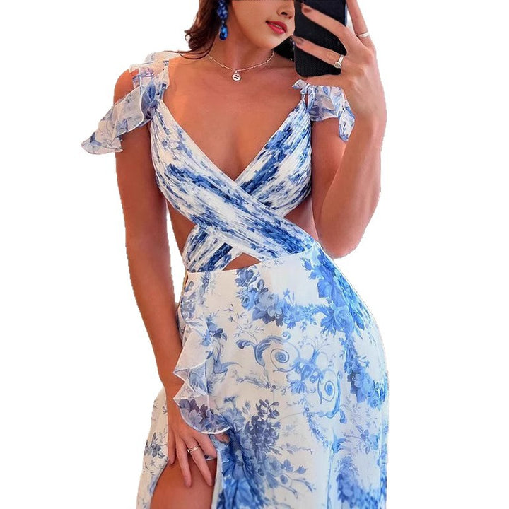 Damen Maxikleid mit romantischen Rüschen und floralem Schnitt Drune