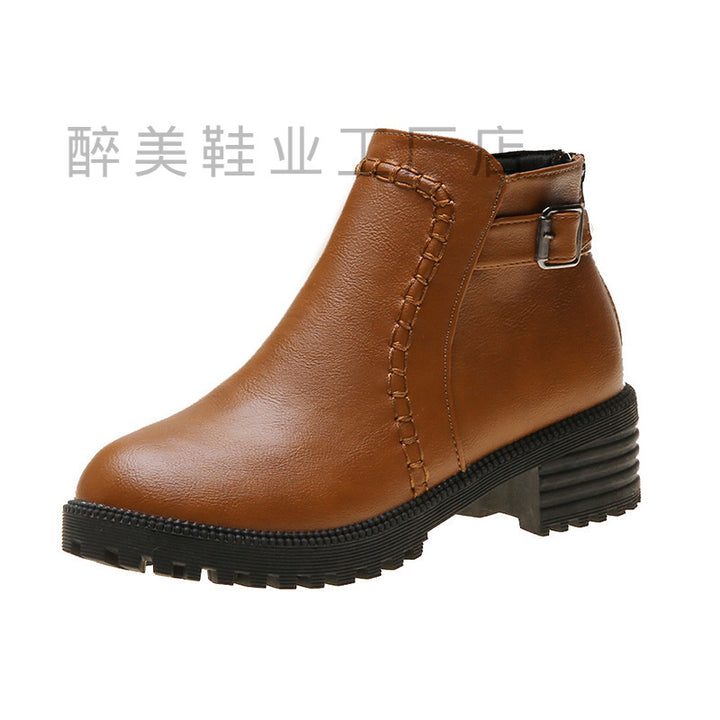 Damen nan klassische knöchelhohe Ankle-Boots aus synthetischem Leder mit robuster Profilsohle und Ziergurt Drune