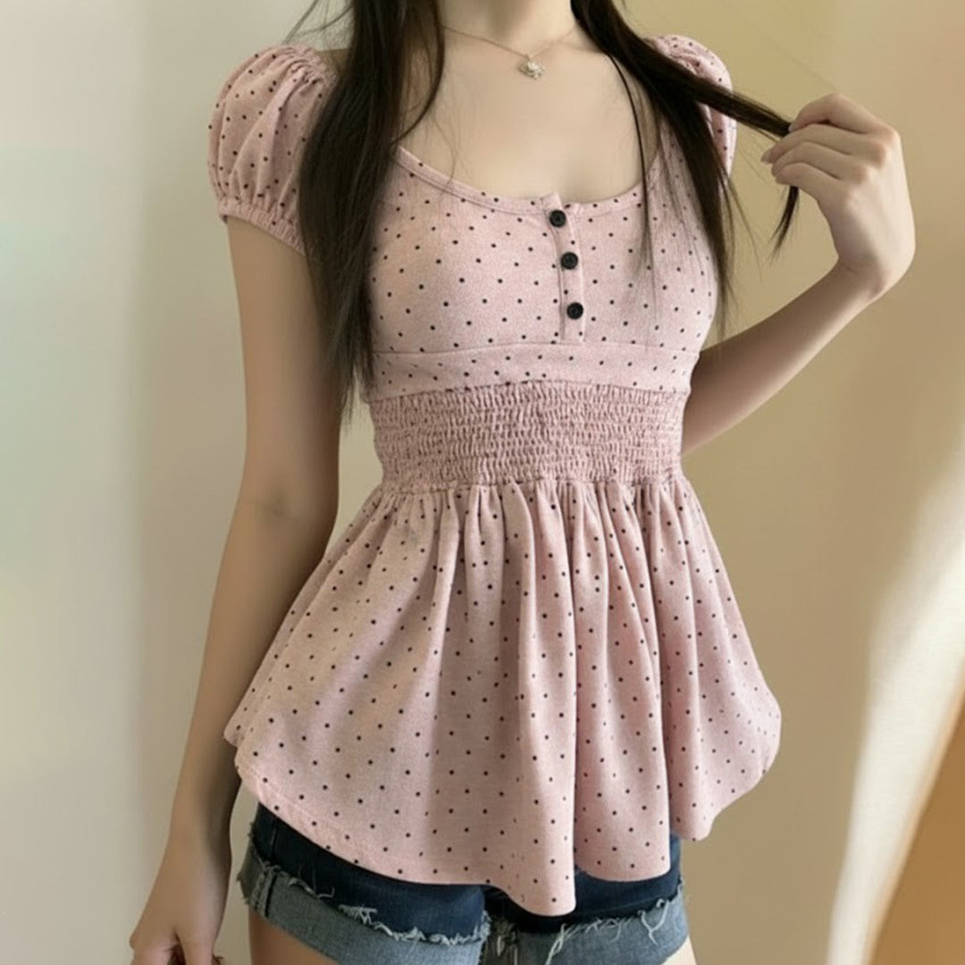 Damen Verspieltes Polka Dots Oberteil mit Rüschen und Knopfleiste Drune