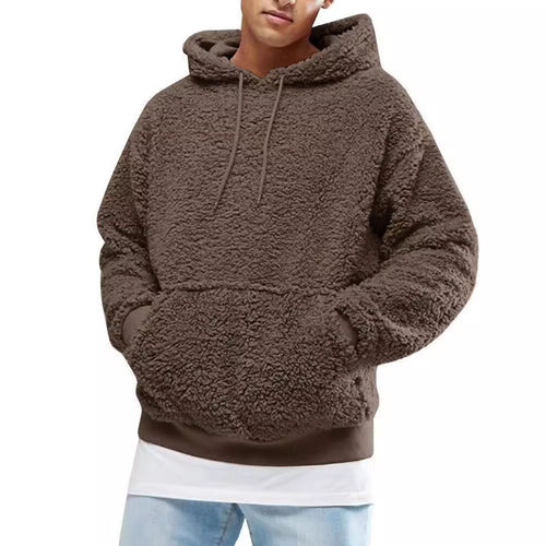 Herren Lässiger Teddy-Fleece Hoodie mit praktischen Kängurutaschen und verstellbarem Kordelzug Drune