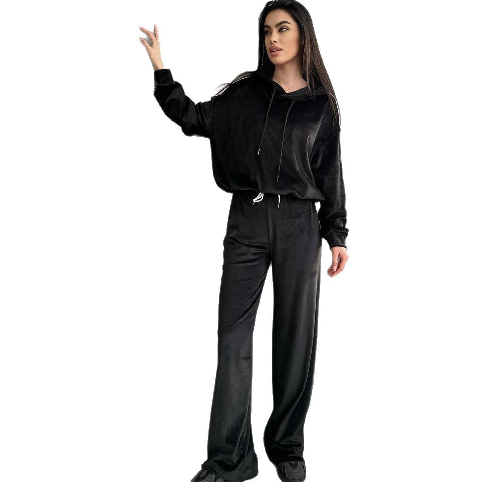 Damen Velvet-Hoodie und weite Hose Set Drune