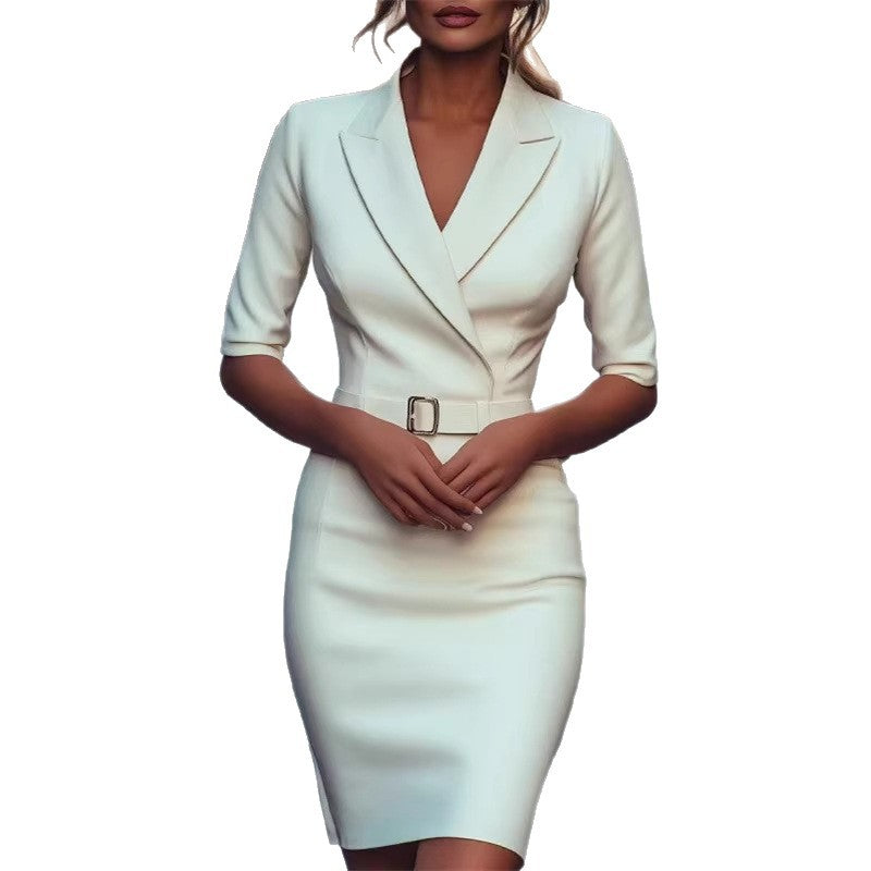 Damen figurbetontes Business-Kleid mit Gürtel und Revers Drune
