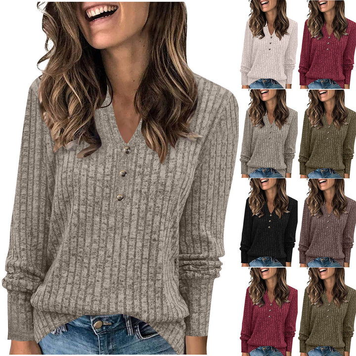 Damen Langärmliges V-Ausschnitt Pulli mit Knopfdetail Drune