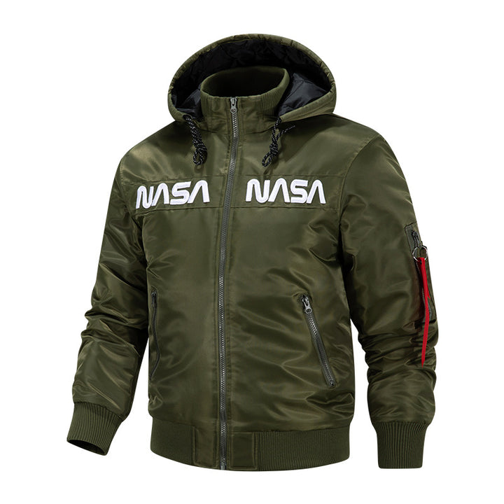 Männermantel mit Kapuze, von der Luftfahrt inspiriert, isolierte Bomberjacke mit gesticktem Logo auf der Brust und Utility-Tasche am Ärmel Drune