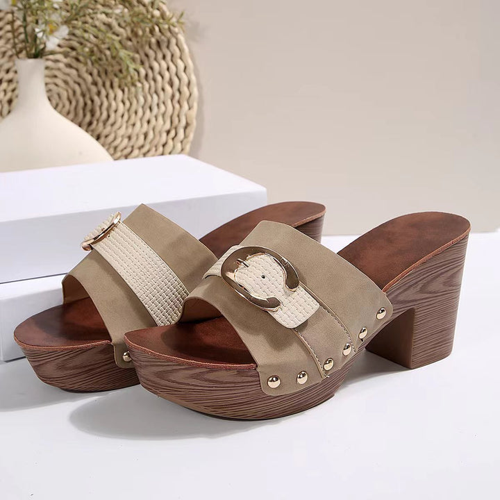 Damen Plateau-Pantoletten mit elegantem Riemendesign und komfortablem Holzabsatz Drune