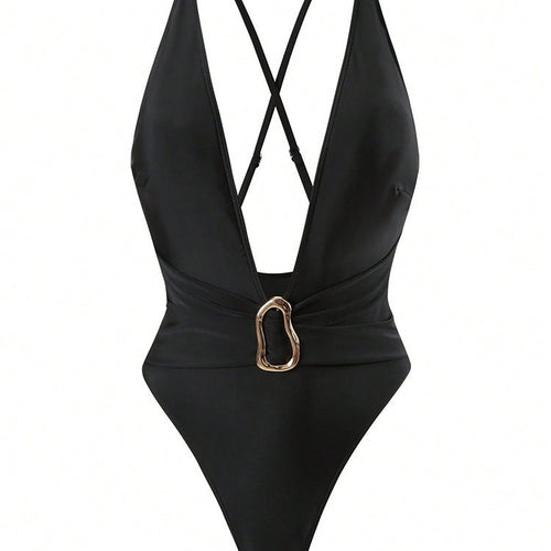 Damen Einteiliges Badeanzug mit tiefem V-Ausschnitt und elegantem Gold-Detail Drune
