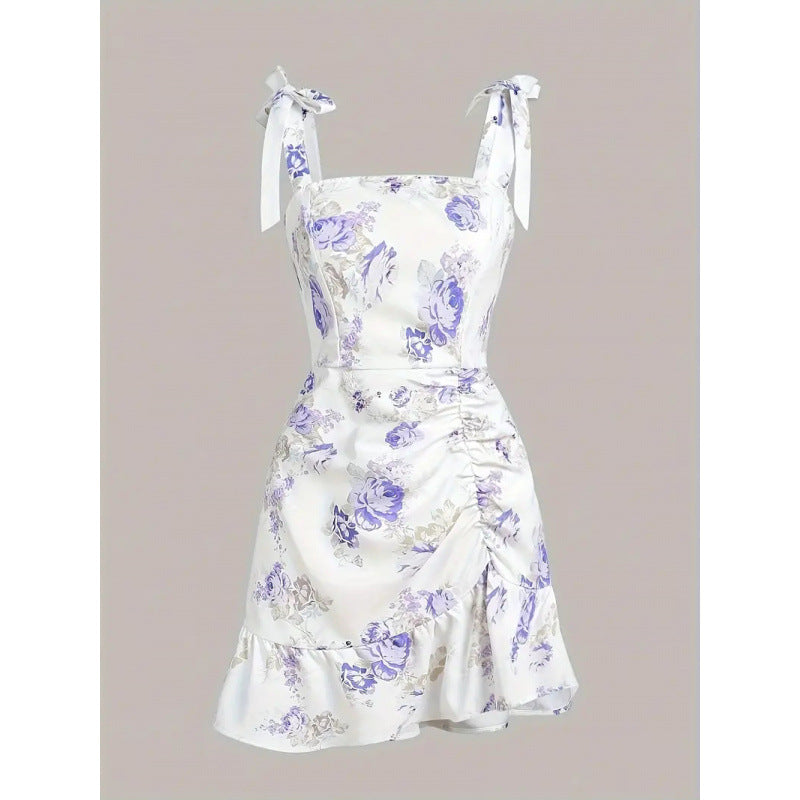 Damen Spaghettiträger Mini-Kleid mit floralem Design und Rüschensaum Drune