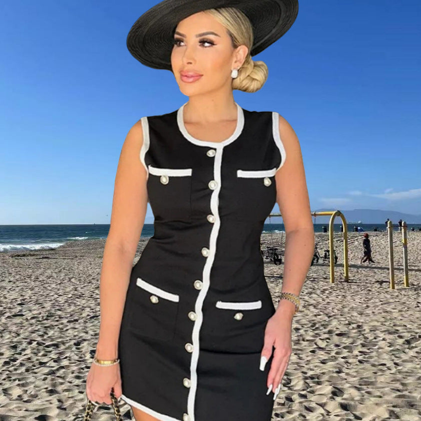 Damen Elegantes ärmelloses Kleid mit dekorativen Knöpfen und Kontrastdetails Drune