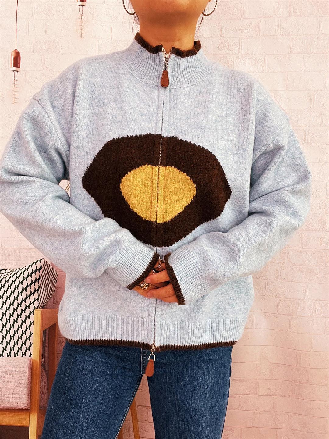 Damen kuscheliger Strickpullover mit Reißverschluss und einzigartigem Design Drune