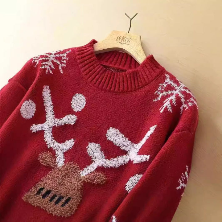 Damen festlicher Strickpullover mit Rentier-Motiv und Schneeflocken Drune