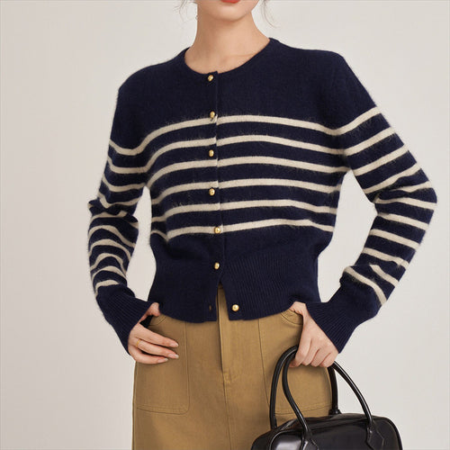 Damen gestreifte Strickjacke aus feinem Material mit goldenen Knöpfen Drune
