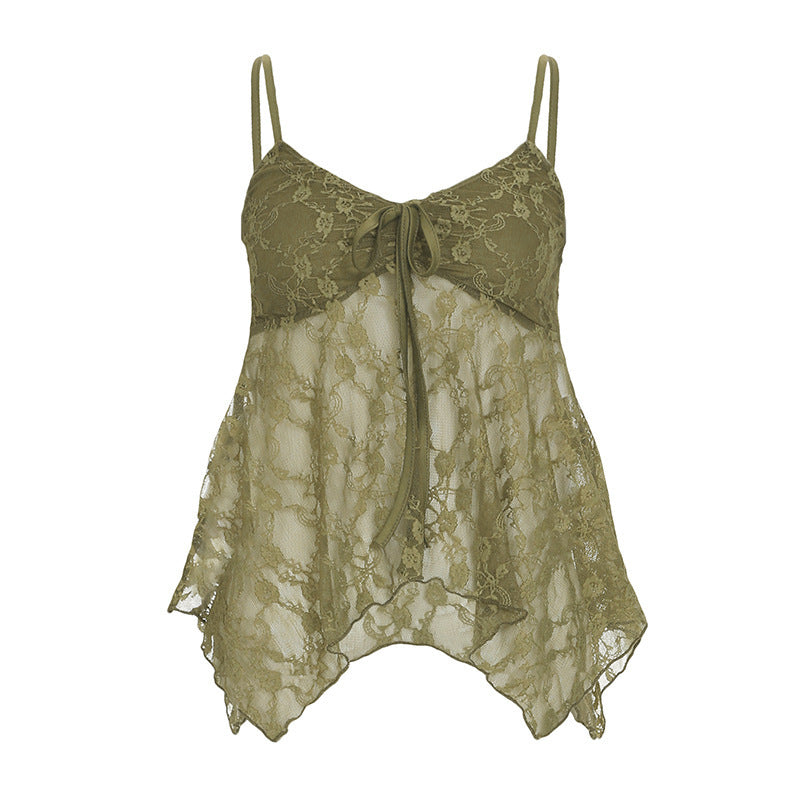 Damen Spitzen-Tanktop mit asymmetrischem Schnitt und dekorativem Bindeband Drune