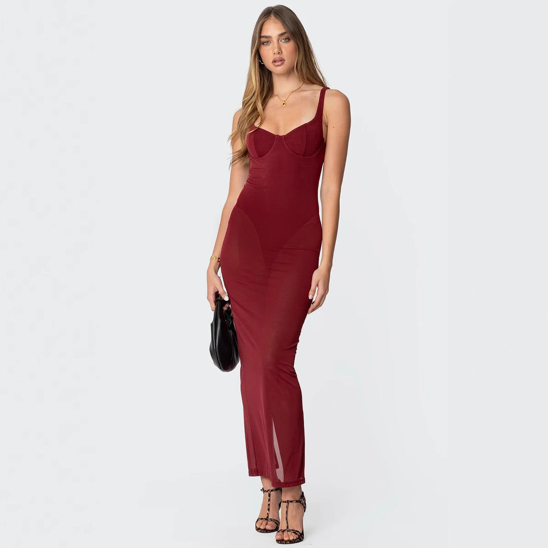 Damen Maxikleid mit figurbetonendem Schnitt und transparenten Einsätzen Drune