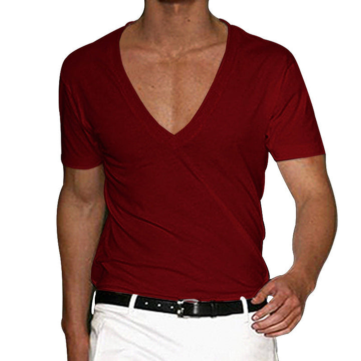 Herren nan tief ausgeschnittenes V-Ausschnitt Kurzarmshirt aus Baumwollstretch mit tailliertem Schnitt Drune