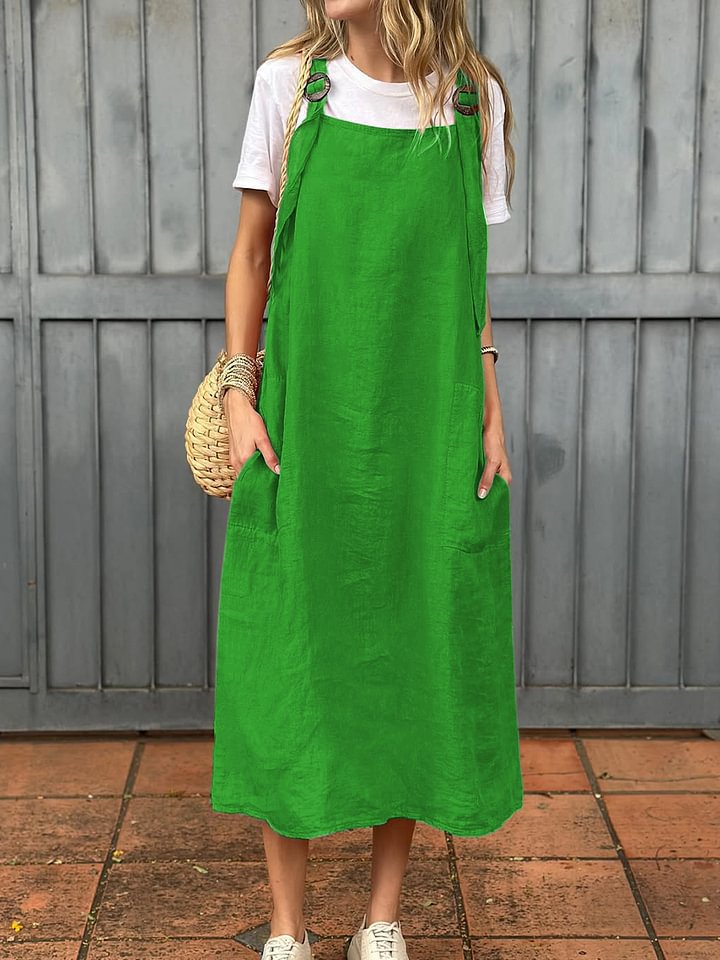 Damen Lässiges Leinenkleid mit praktischen Trägerdetails und großen Taschen Drune