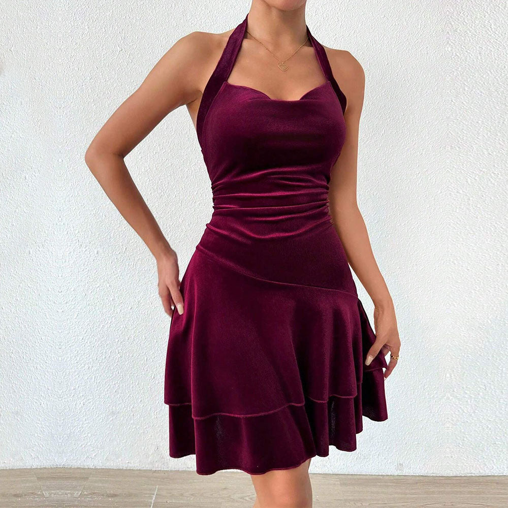 Damen figurbetontes Abendkleid mit rüschendem Rock und Neckholder-Design Drune