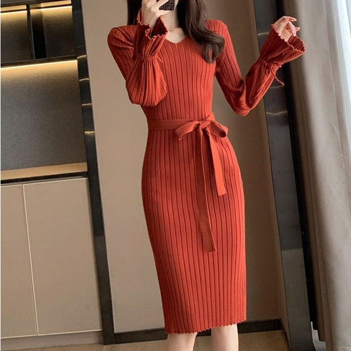 Damen Figurbetontes Maxikleid mit Bindegürtel und Rippstruktur Drune