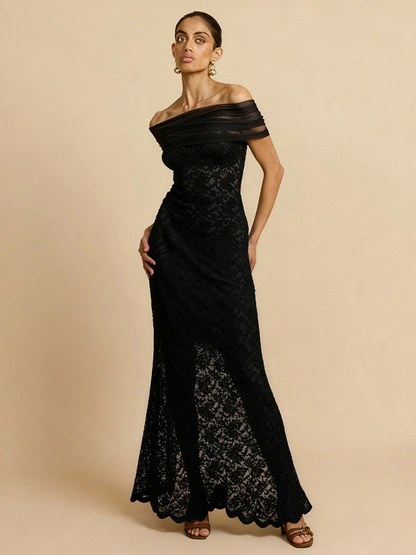 Damen Spitzen-Maxikleid mit schulterfreiem Design und elegantem Drapierungseffekt Drune