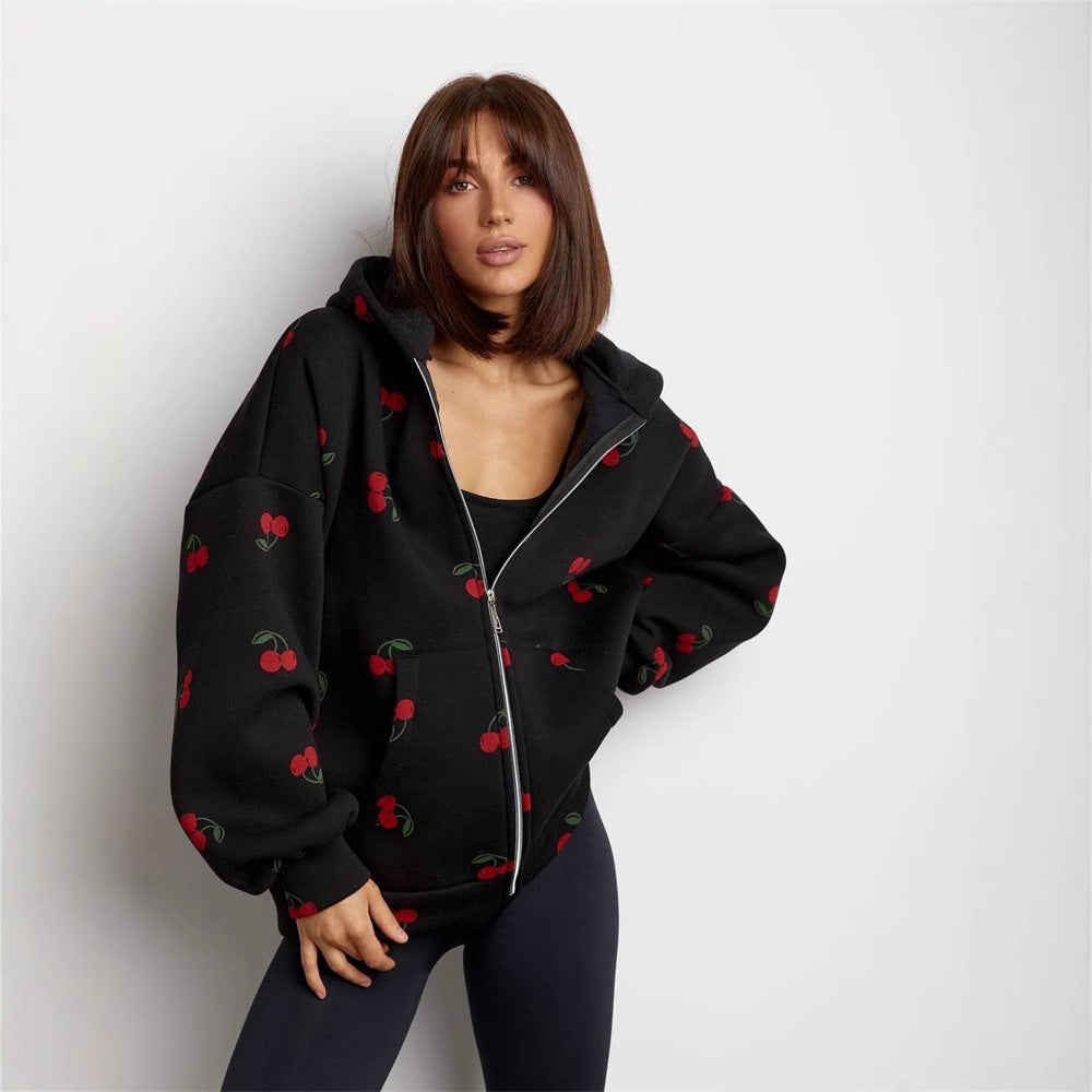 Damen Kapuzenpullover mit fruchtigem Allover-Design und Reißverschluss Drune