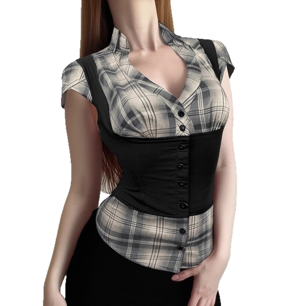 Damen karierte Bluse mit figurbetonendem Schnitt und stylishen Akzenten Drune