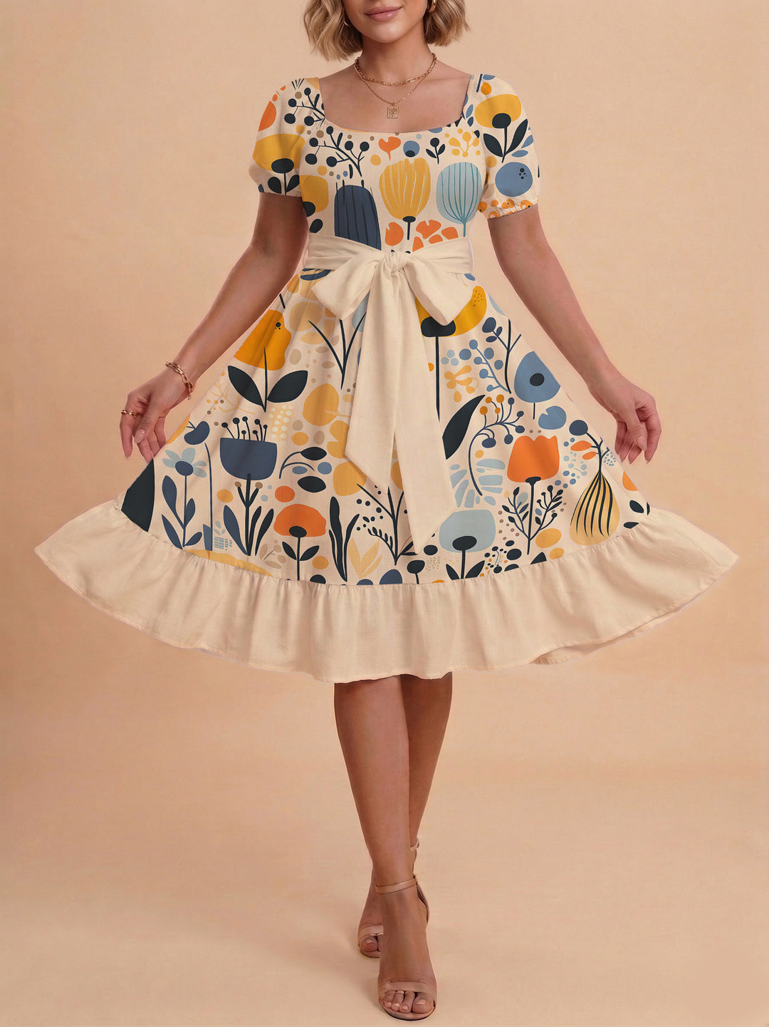 Damen Midi Kleid mit elegantem Blumendruck und tailliertem Gürtel Drune