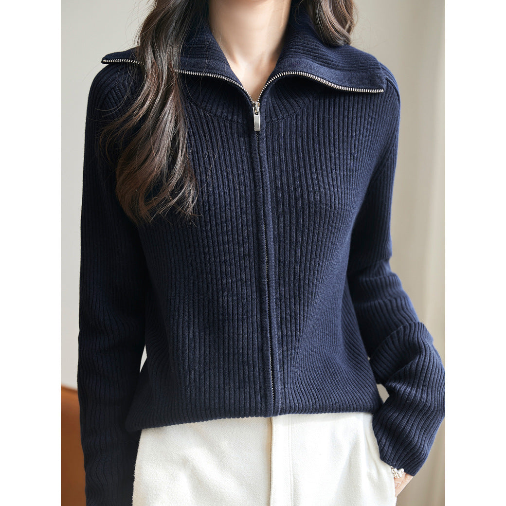 Damen modischer Strickpullover mit hochschließendem Reißverschluss und Rippenstruktur Drune