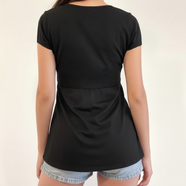 Damen V-Ausschnitt Shirt mit Rüschendetails und elastischem Bund Drune