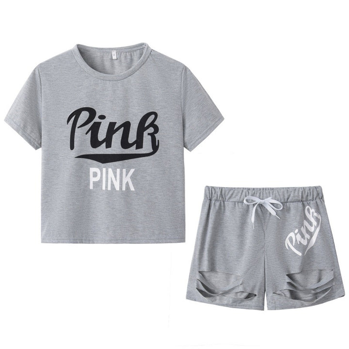Damen Sportliches T-Shirt und Shorts-Set mit weitem Schnitt und kontrastierenden Aufdrucken Drune