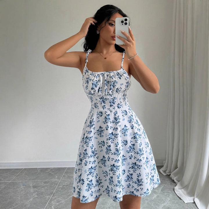 Damen Sommerkleid mit verstellbaren Spaghetti-Trägern und floralen Akzenten Drune