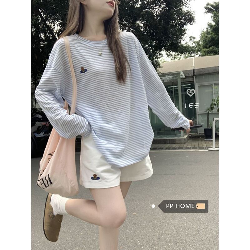 Damen longsleeve T-Shirt mit lässigem Streifenmuster und gesticktem Design Drune