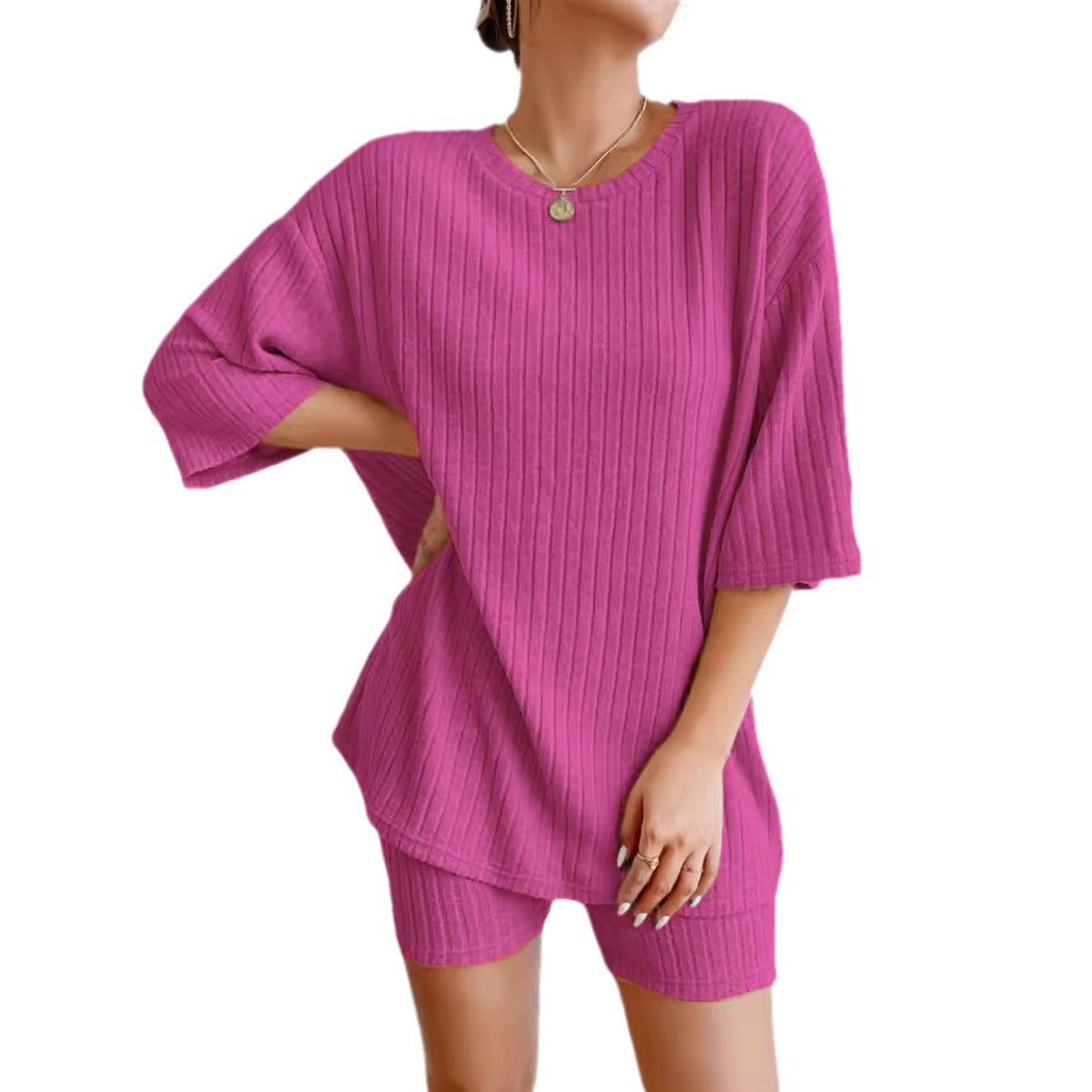 Damen Bequemes Kurzarm-Oberteil und Radlerhose Set Drune