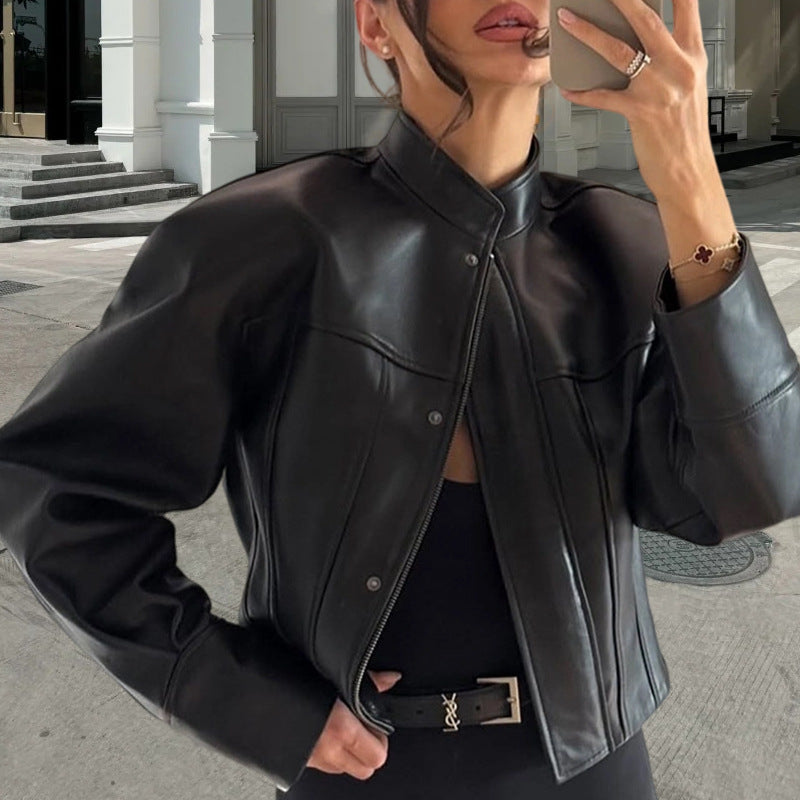 Damen Edle Kunstlederjacke mit modernem Stehkragen und kontrastierenden Nähten Drune