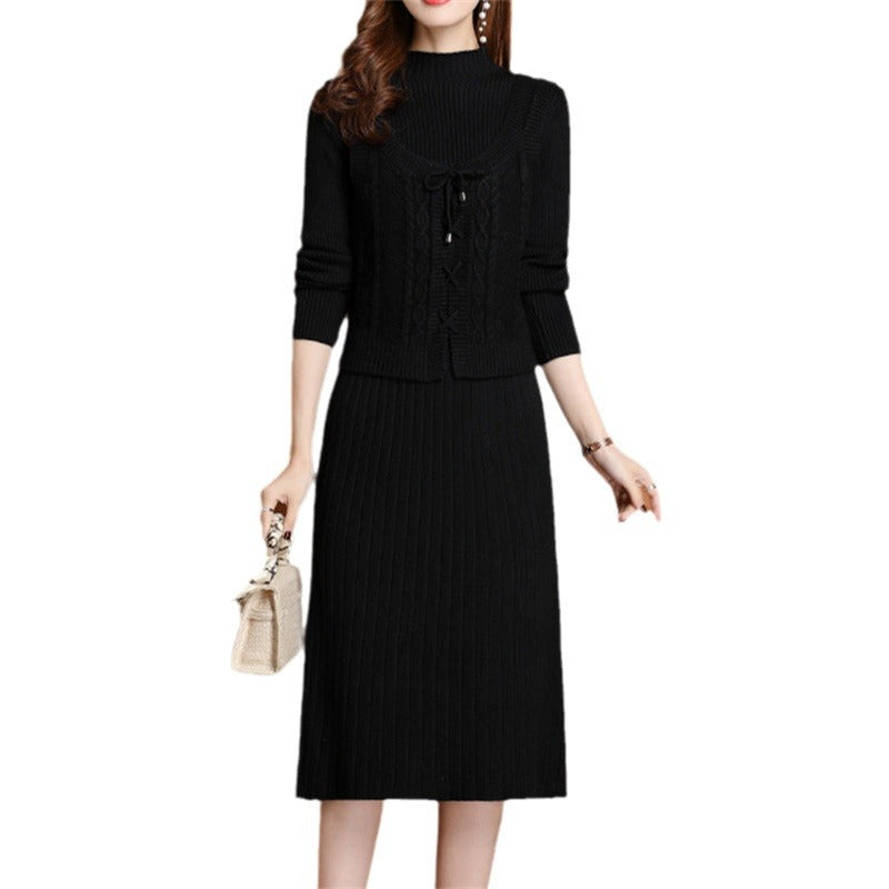 Damen elegantes Strickkleid mit hochgeschlossenem Kragen und dekorativem Zopfdesign Drune