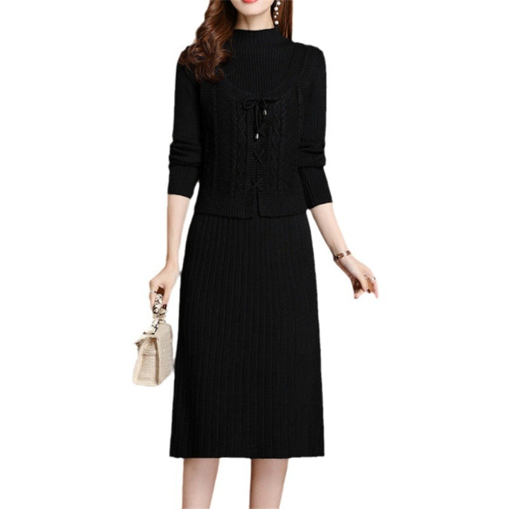 Damen elegantes Strickkleid mit hochgeschlossenem Kragen und dekorativem Zopfdesign Drune
