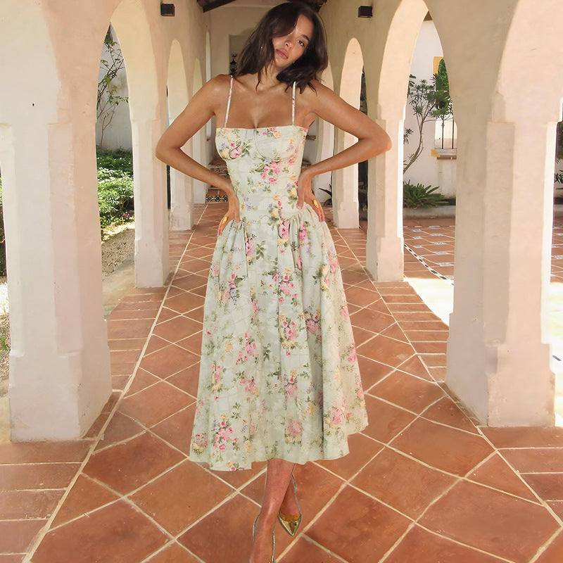 Damen Blumendesign Midi-Kleid mit Spaghettiträgern und fließendem Rock Drune
