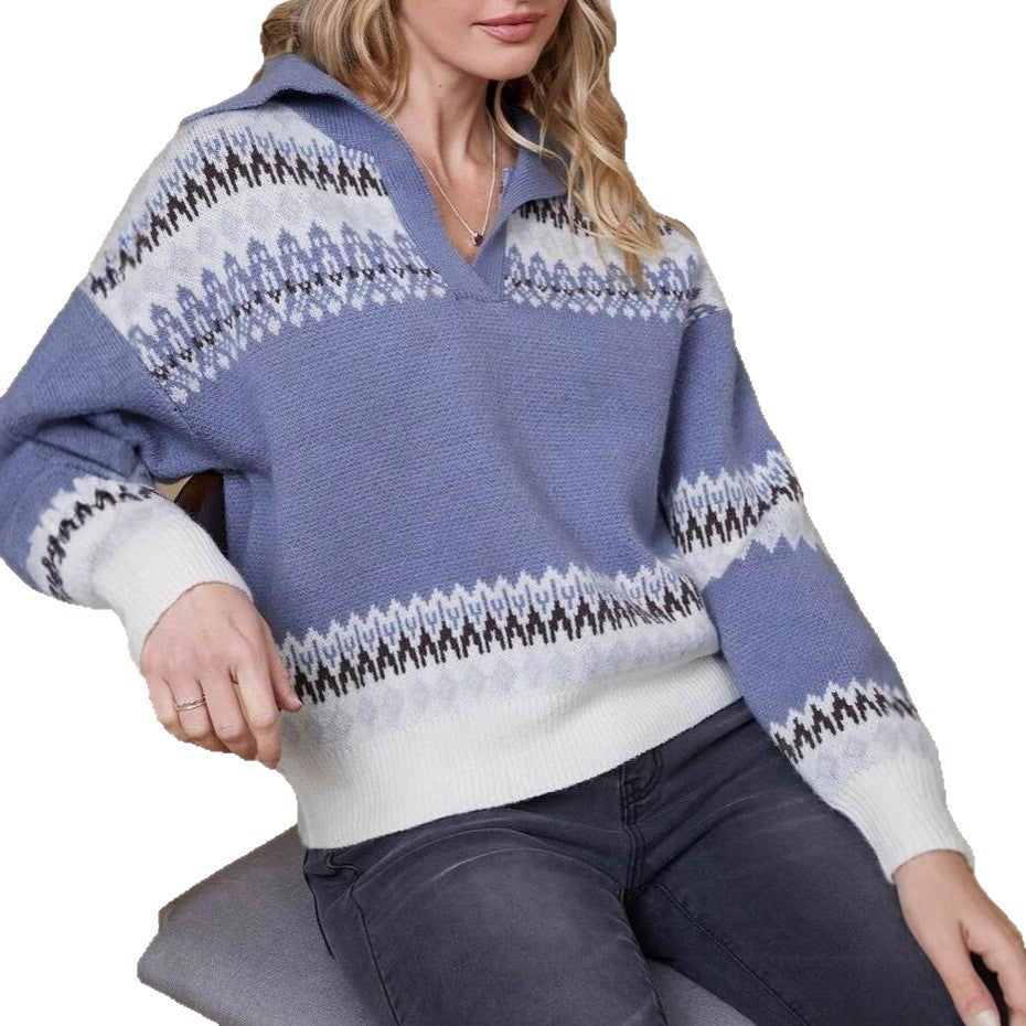 Damen kuscheliger Pullover mit Norweger-Muster und modernem Stehkragen Drune