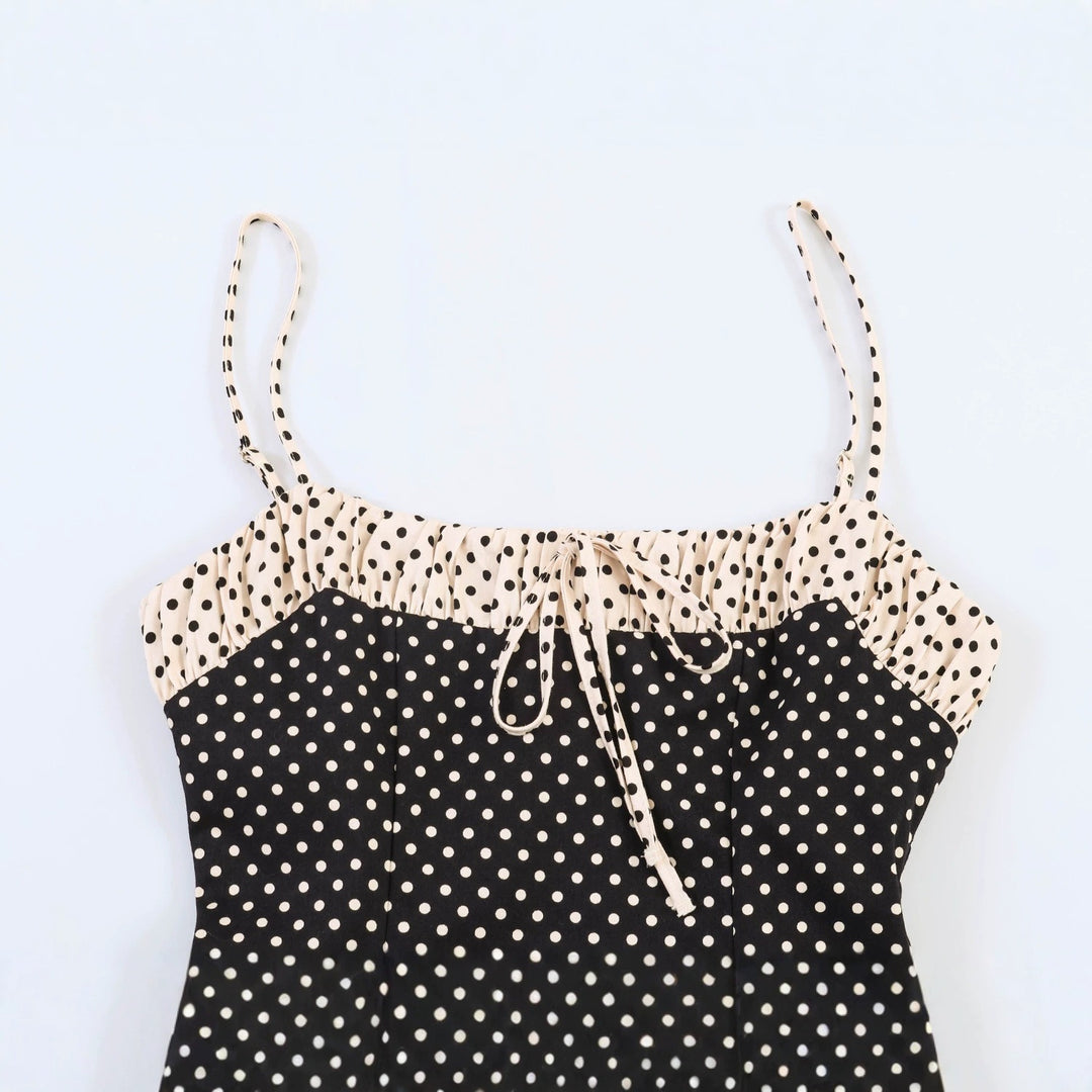 Damen Spaghettiträgerkleid mit Raffungen und Polka-Dots Drune