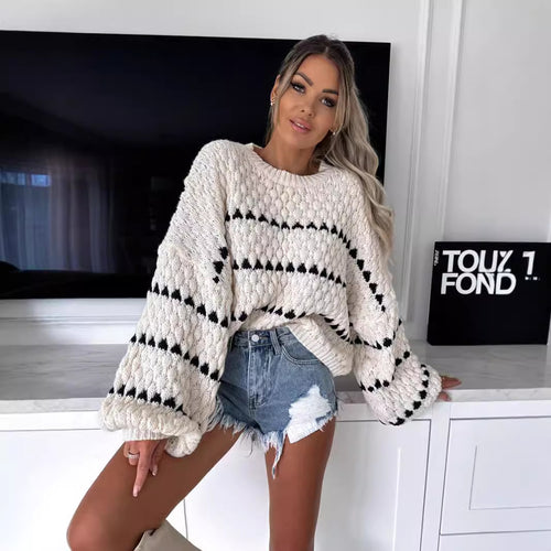 Damen kuscheliger Grobstrickpullover mit einzigartigem Muster Drune