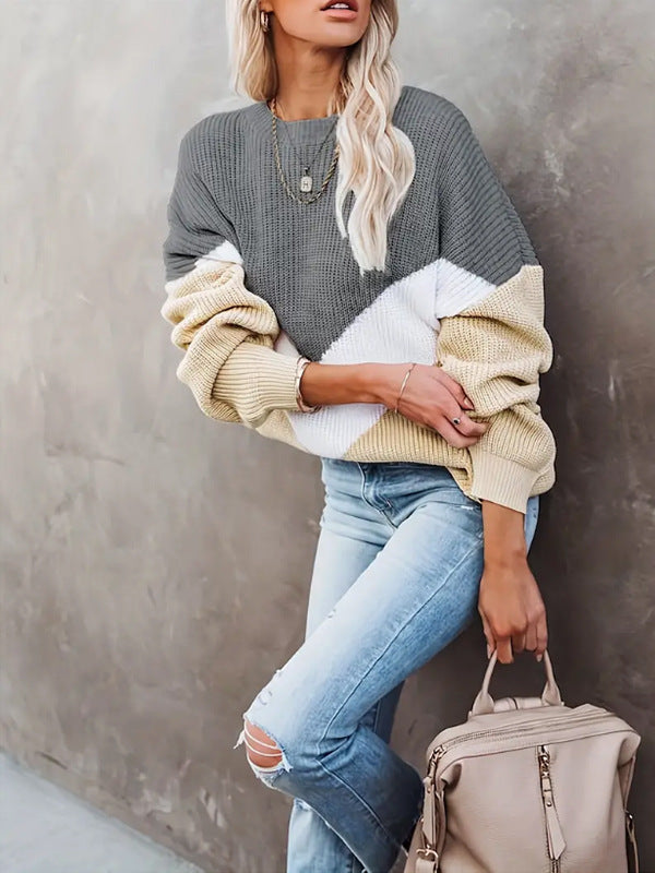 Damen Casual Blockstreifen Pullover mit voluminösen Ärmeln Drune