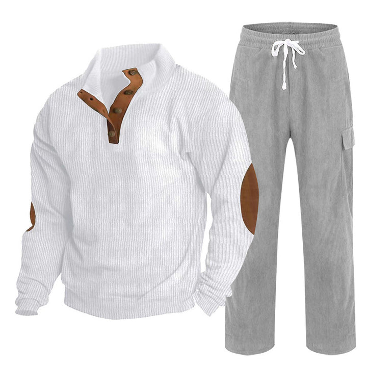 Herren nan Strick-Freizeitset mit Knopfleiste und Ellenbogenaufnähern sowie Cord-Cargohose Drune