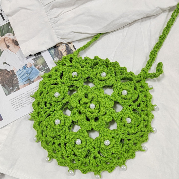 Damen handgefertigte Häkel-Handtasche mit Perlenschmuck Drune