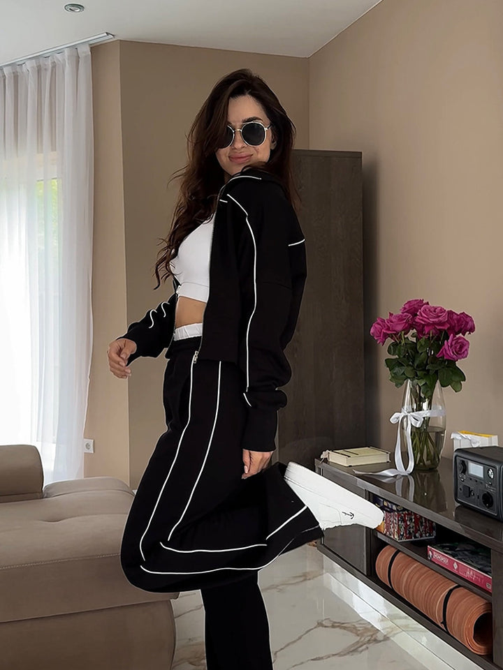 Damen nan zweiteiliges Sport-Loungewear-Set mit Stehkragen und Kontrastpaspel Drune