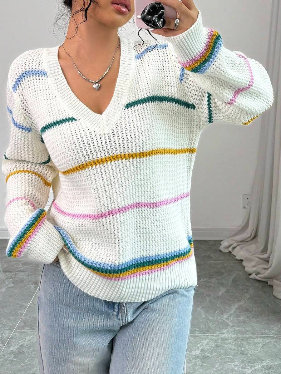 Damen lässiger Strickpullover mit V-Ausschnitt und buntem Streifenmuster Drune