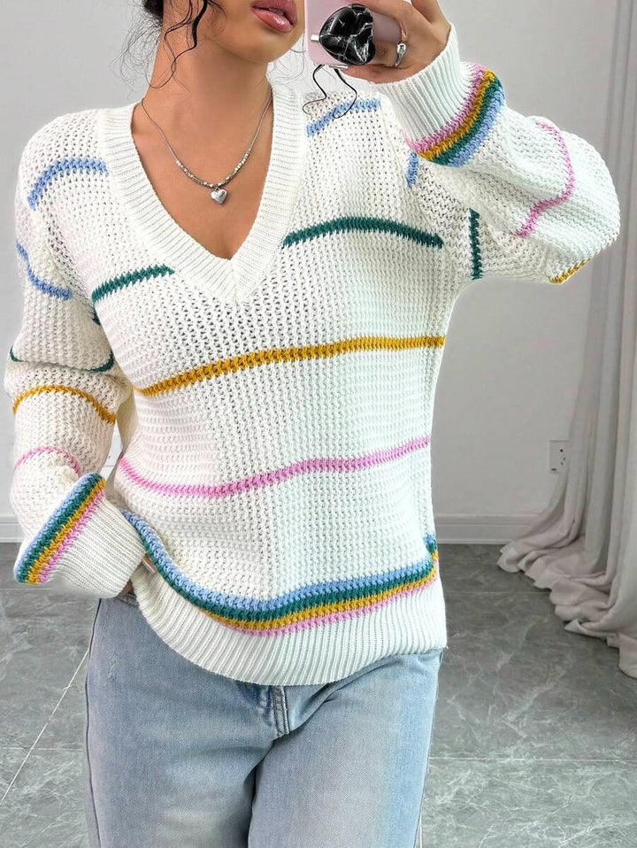 Damen lässiger Strickpullover mit V-Ausschnitt und buntem Streifenmuster Drune