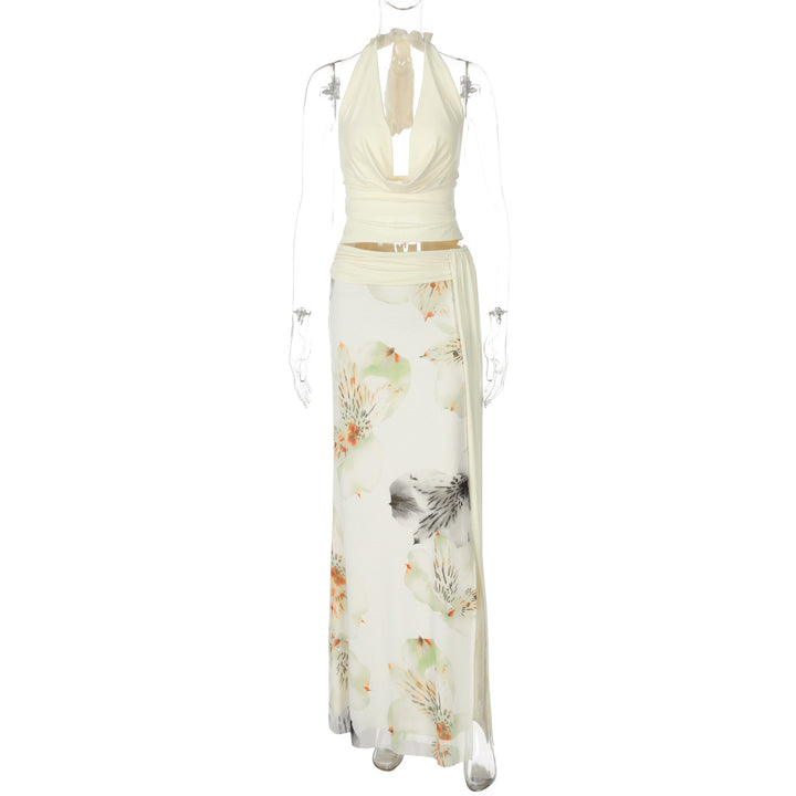 Damen Elegantes Maxikleid mit floralem Halterdesign und seitlichem Schlitz Drune