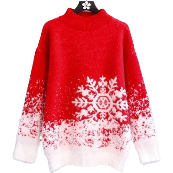 Damen Grobstrickpullover mit festlichem Schneeflockenmotiv und weichem Kragen Drune