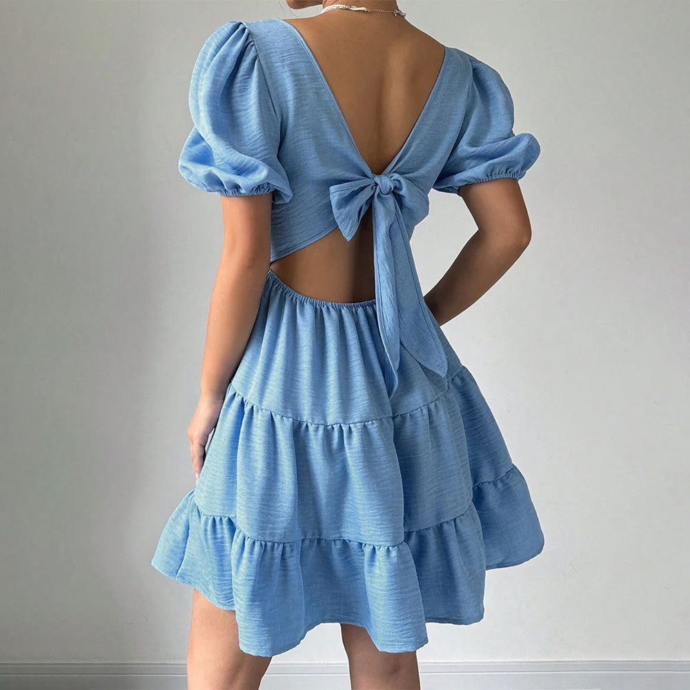 Damen Kleid mit Puffärmeln und gestuftem Saum Drune