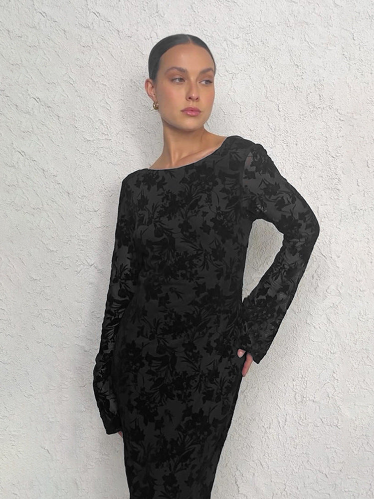 Damen Elegantes Langarmkleid mit floralen Mustern und figurbetonter Silhouette Drune
