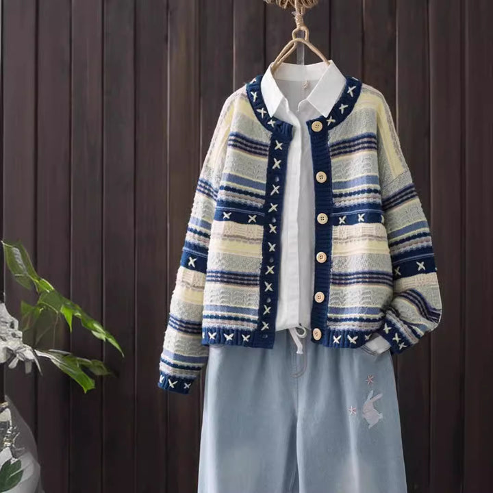 Damen Gemusterter Strickcardigan mit dekorativen Knöpfen und tiefen Taschen Drune