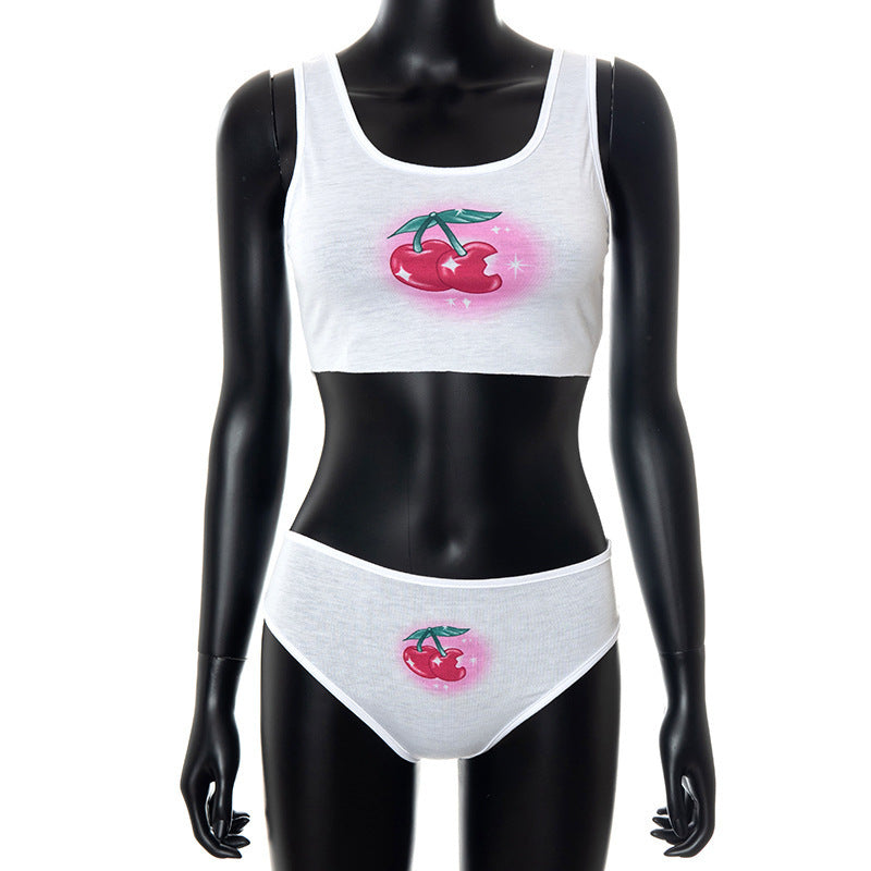 Damen Crop-Top und Unterhosen-Set mit fröhlichem Kirschmotiv Drune
